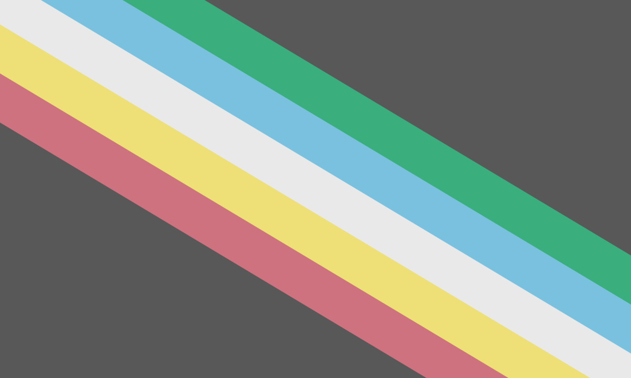 A disability pride flag. A charcoal grey flag with a diagonal band from  the top left to bottom right corner, made up of five parallel stripes (going from bottom up; left to right) in  red, gold, pale grey, blue, and green.